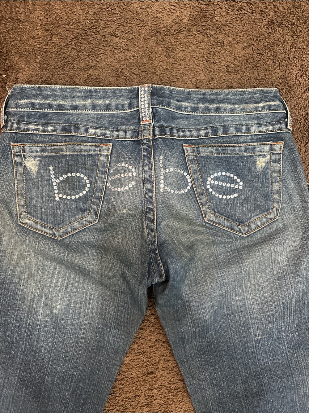 bebe Medium Blue Rhinestone Logo Back Pocket Jeans